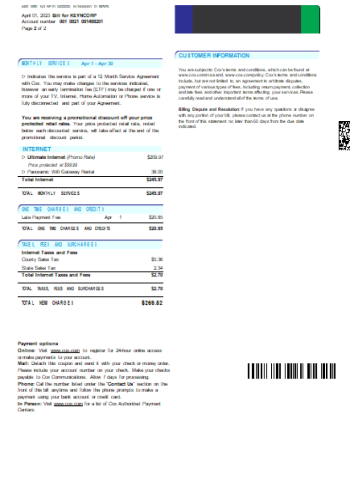 COX digital cable television utility business bill, page 2, SCR PSD template